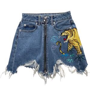 Marcelo Burlon Mini Skirt 25 Denim Tiger Embroidery Amine Destroyed Hem